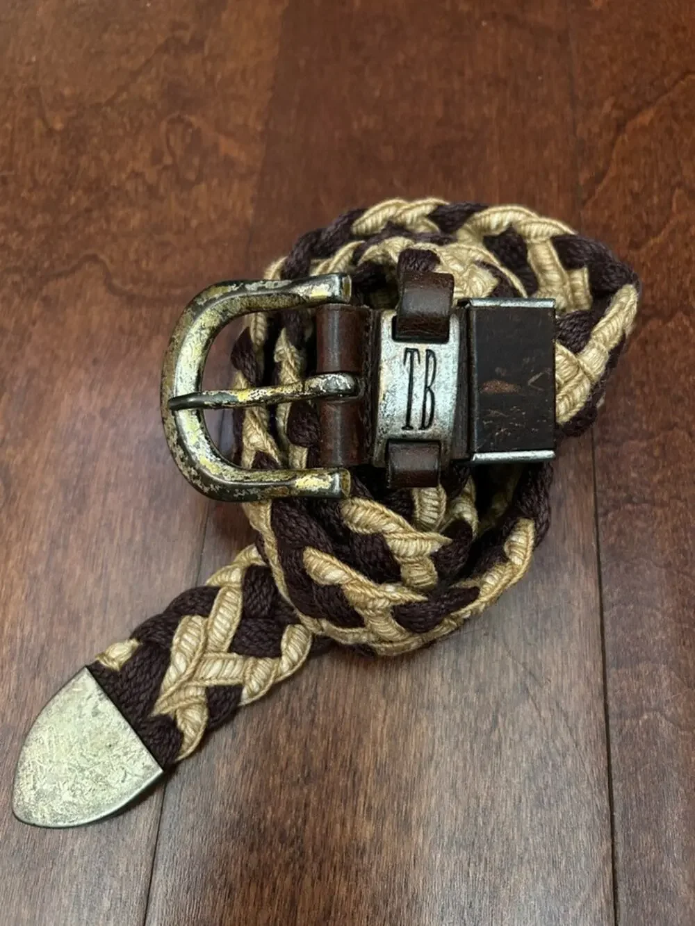 Vintage Braided Fiber and Leather Woven Belt in Brown and Tan with Metal Buckle